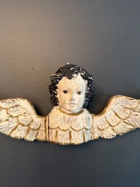Antique Wood Carved Angel/Cherub with Wings, Glass Eyes, RARE FIND!